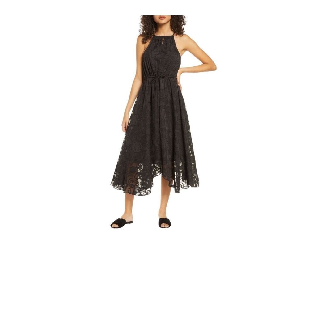 Elizabeth Crosby Womens Reese A‎ Line Dress Black Geometric Tie Waist S New